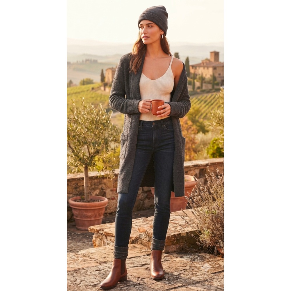 Barefoot Dreams CozyChic Heathered Long Cardigan Carbon Black Small 548